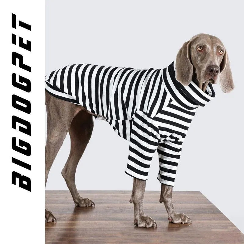 Black and white thin polyester dog jacket for large breeds on a size chart showing M to XXXL.