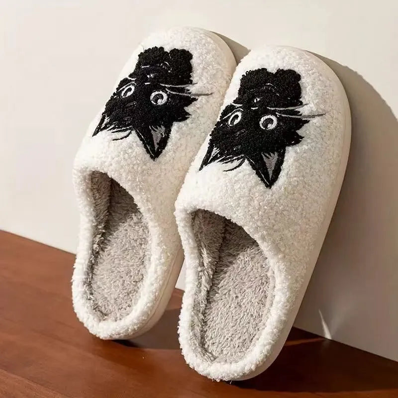 White plush slippers with black beard cat couple cartoon design and non-slip soles