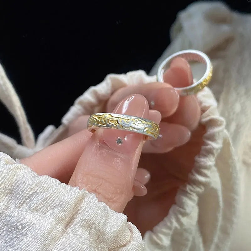 Open mouth adjustable ring with xiangyun pattern in gold electroplating on white copper