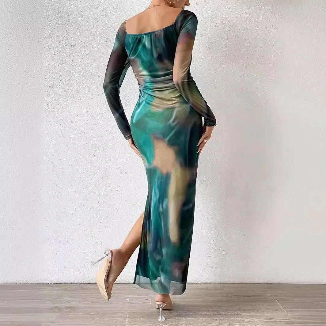 Long mesh fishtail evening dress with square collar and printed pleated gradient colour design
