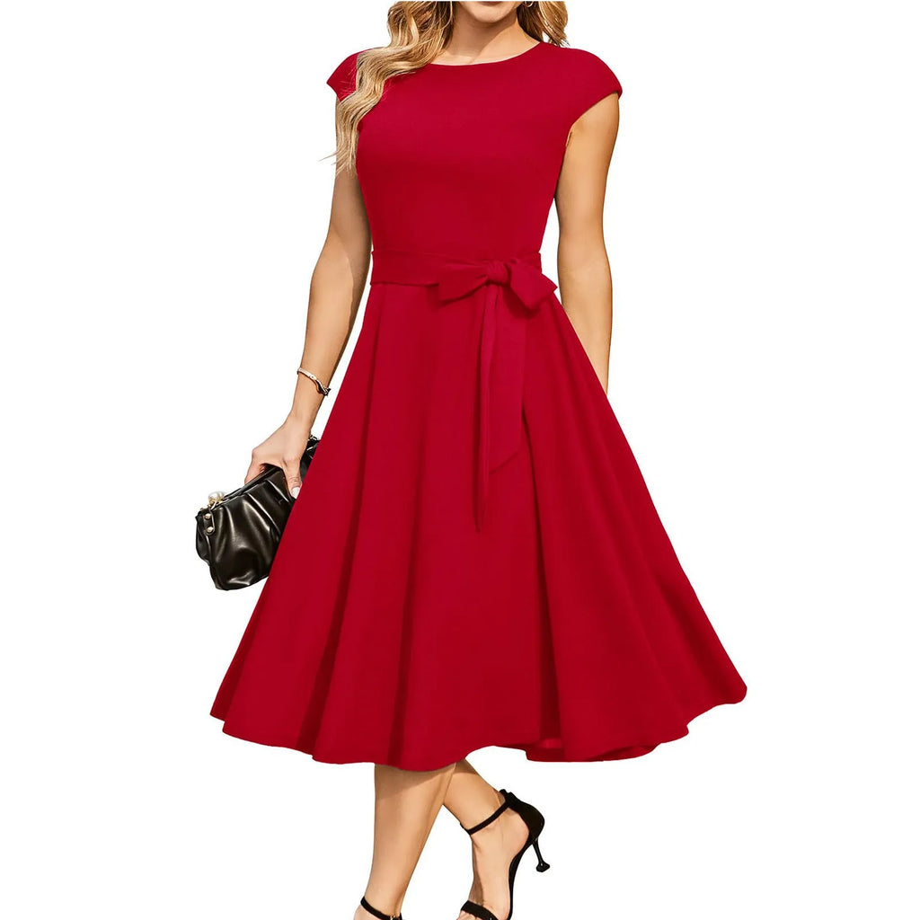 Sleeveless lace-up waist dress with oversized swing skirt in polyester fabric
