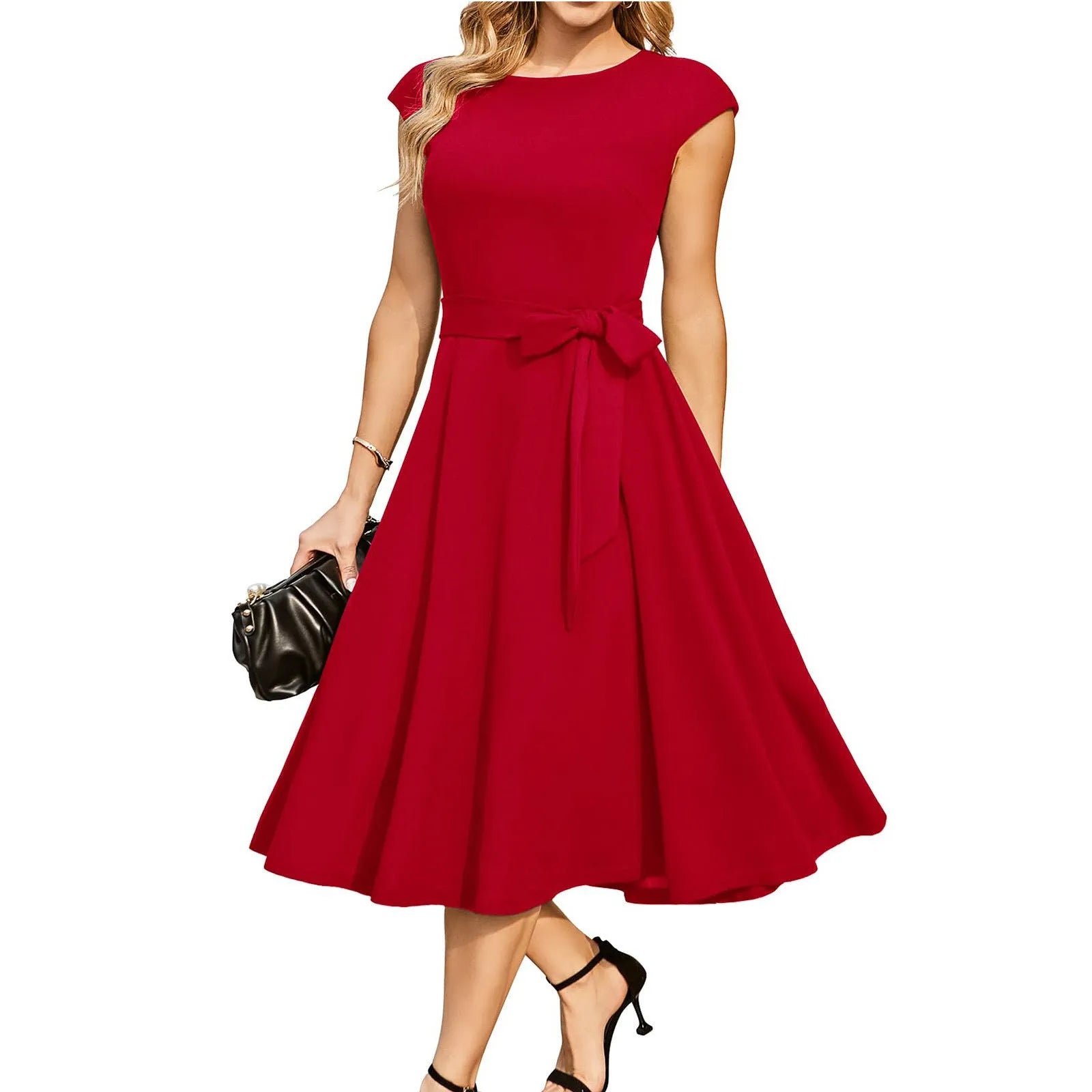 Sleeveless lace-up waist dress with oversized swing skirt in polyester fabric