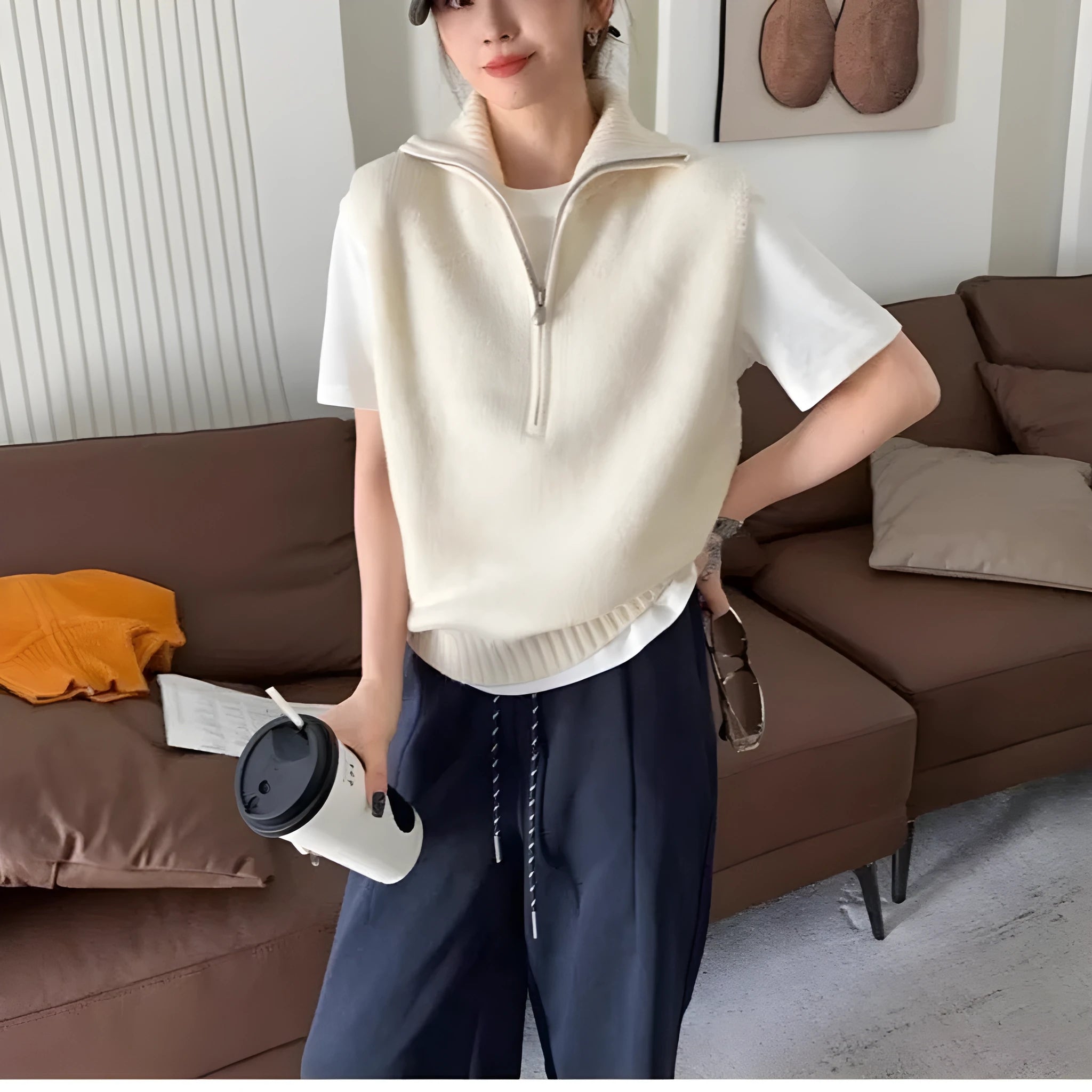 Woman's sleeveless half-zip knit vest with a 3D textured pattern in a solid colour.
