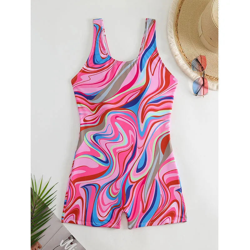Women's printed high-waist backless one-piece swimsuit on a white background.