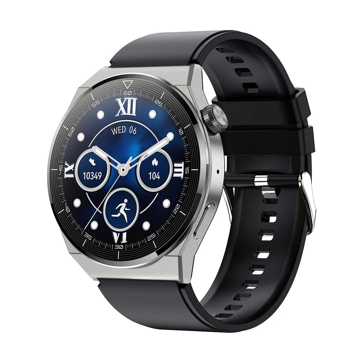Black Android smart watch with round dial and silicone strap, displaying a watch face on its 1.36-inch screen.