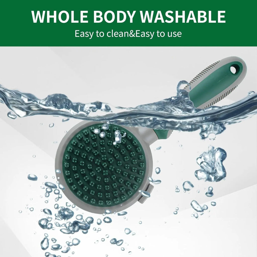 Green two-sided silicone pet brush with slicker brush and massager sides