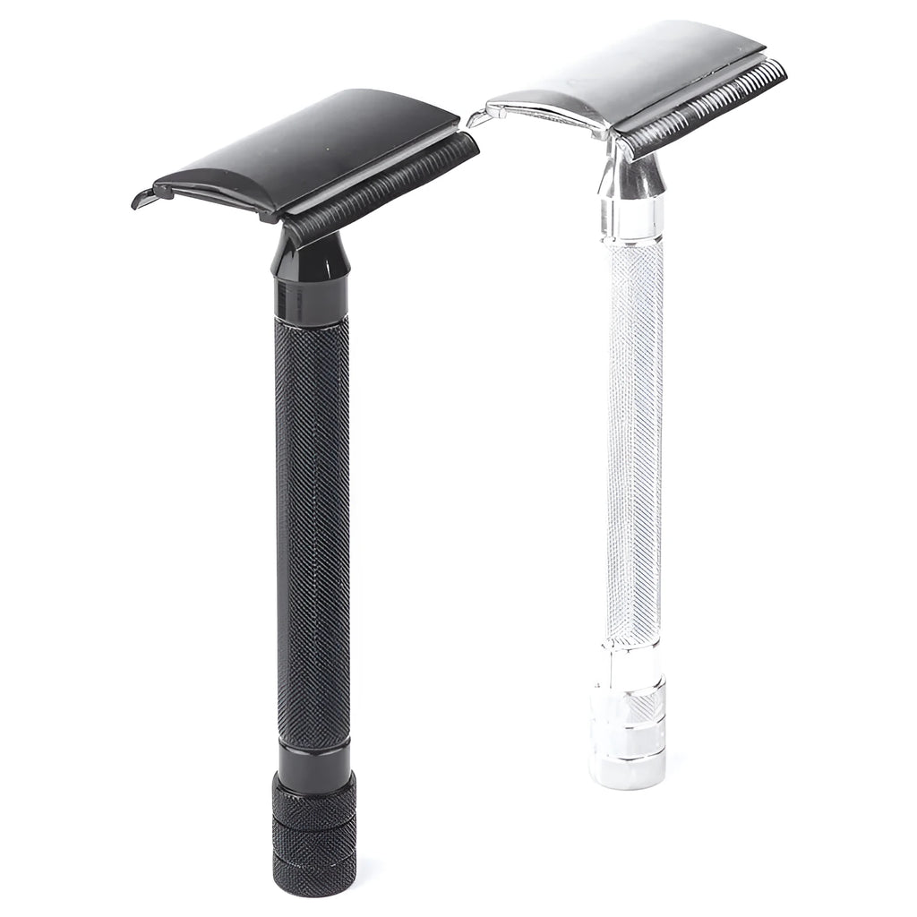 Traditional manual shaving razor set with metal scraper and matching barber brush