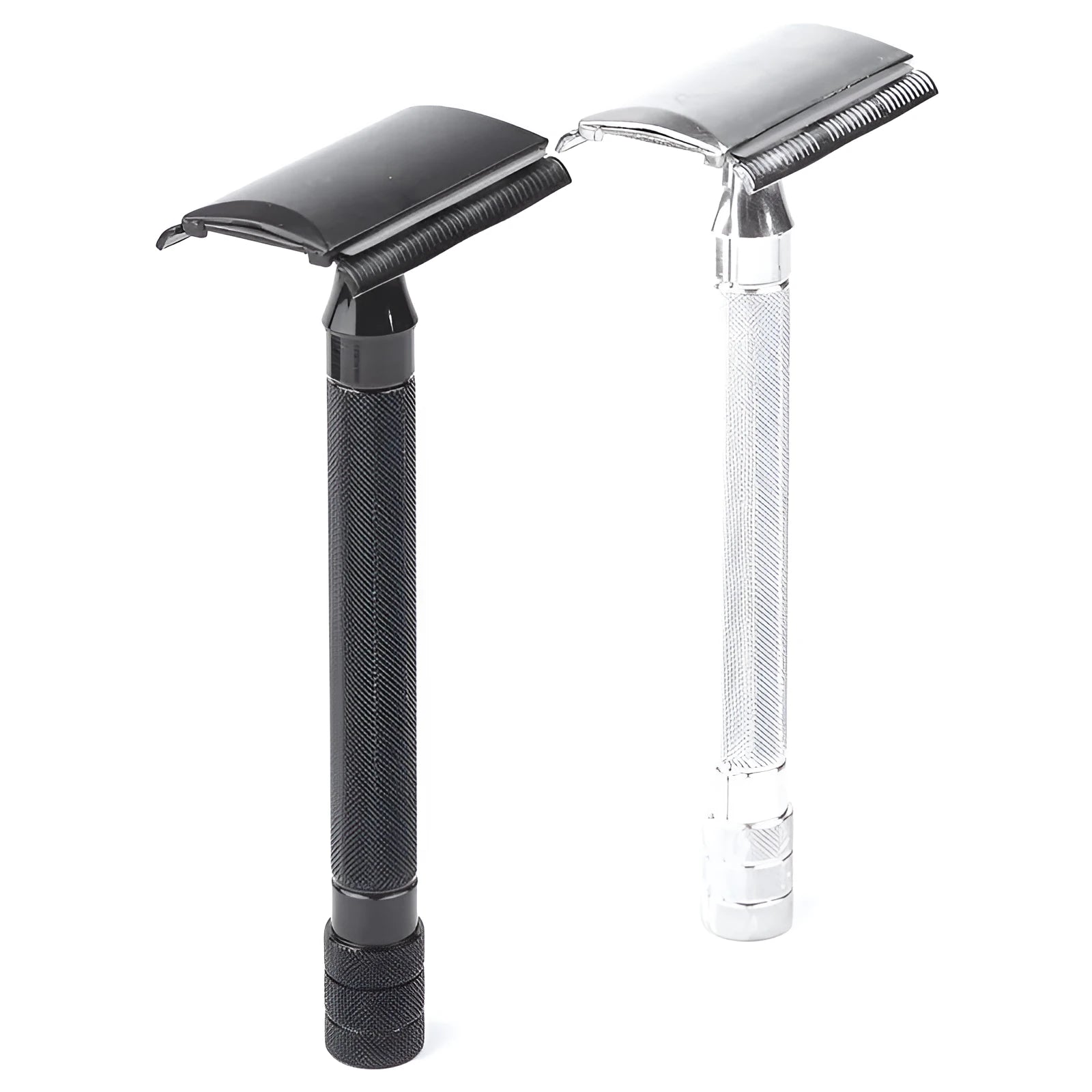 Traditional manual shaving razor set with metal scraper and matching barber brush