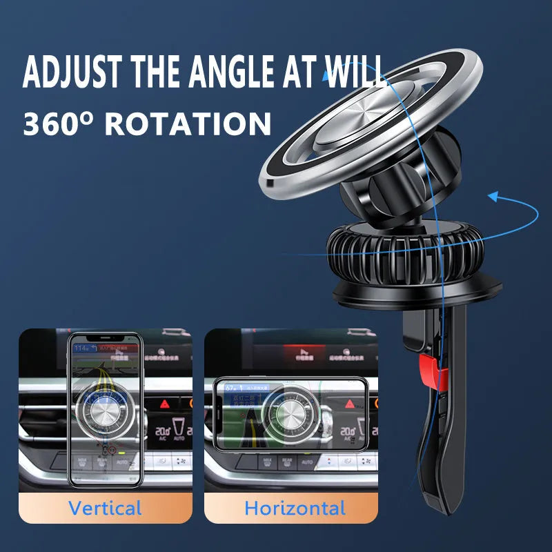 Car air vent magnetic phone holder with snap-on bracket and magnetic guide plate in black or silver colour
