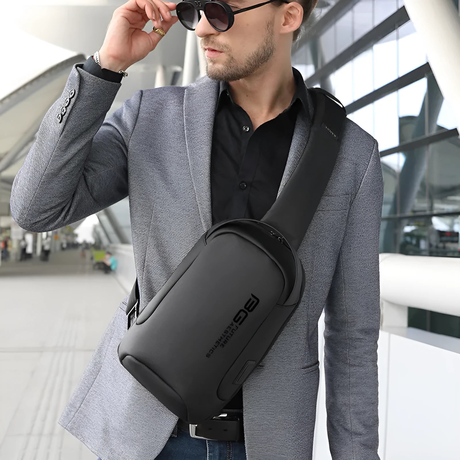 Men's business shoulder bag with USB port in oxford cloth construction showing black, blue, camouflage and dark grey colour options