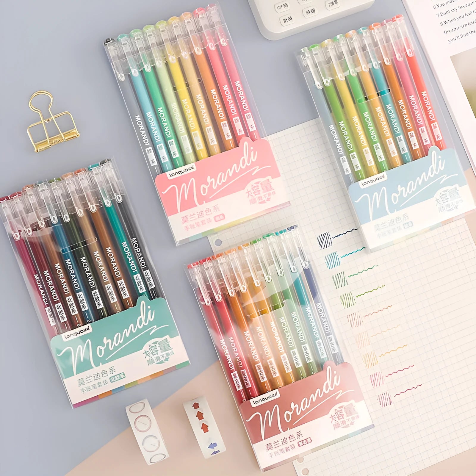 Set of nine cute Japanese colour gel pens with 0.5mm needle tips in retro packaging