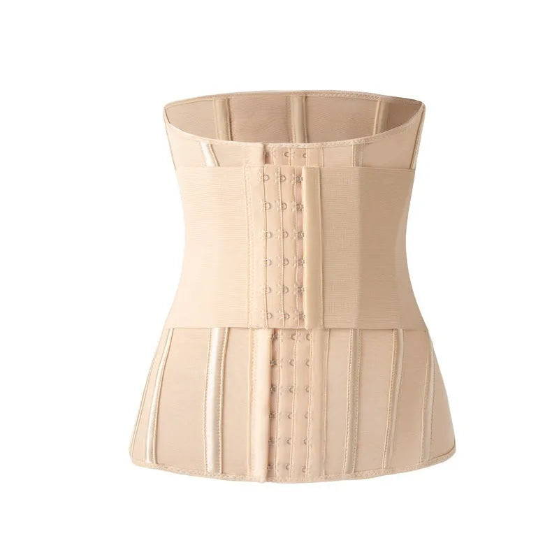 Nylon belly band waist trainer in black or apricot colour with belt tie adjustment