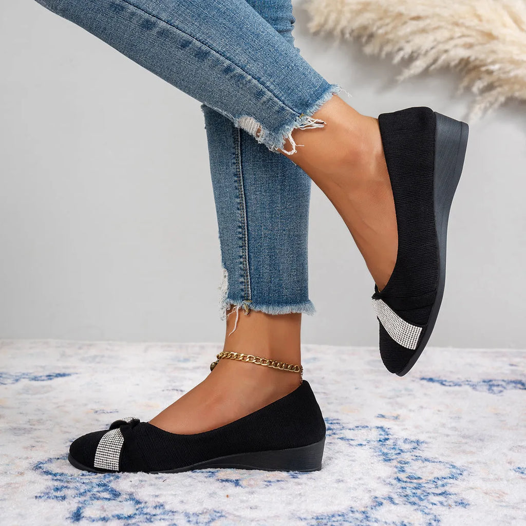 Women's black slip-on casual shoes with rhinestones and 6-8cm chunky heel