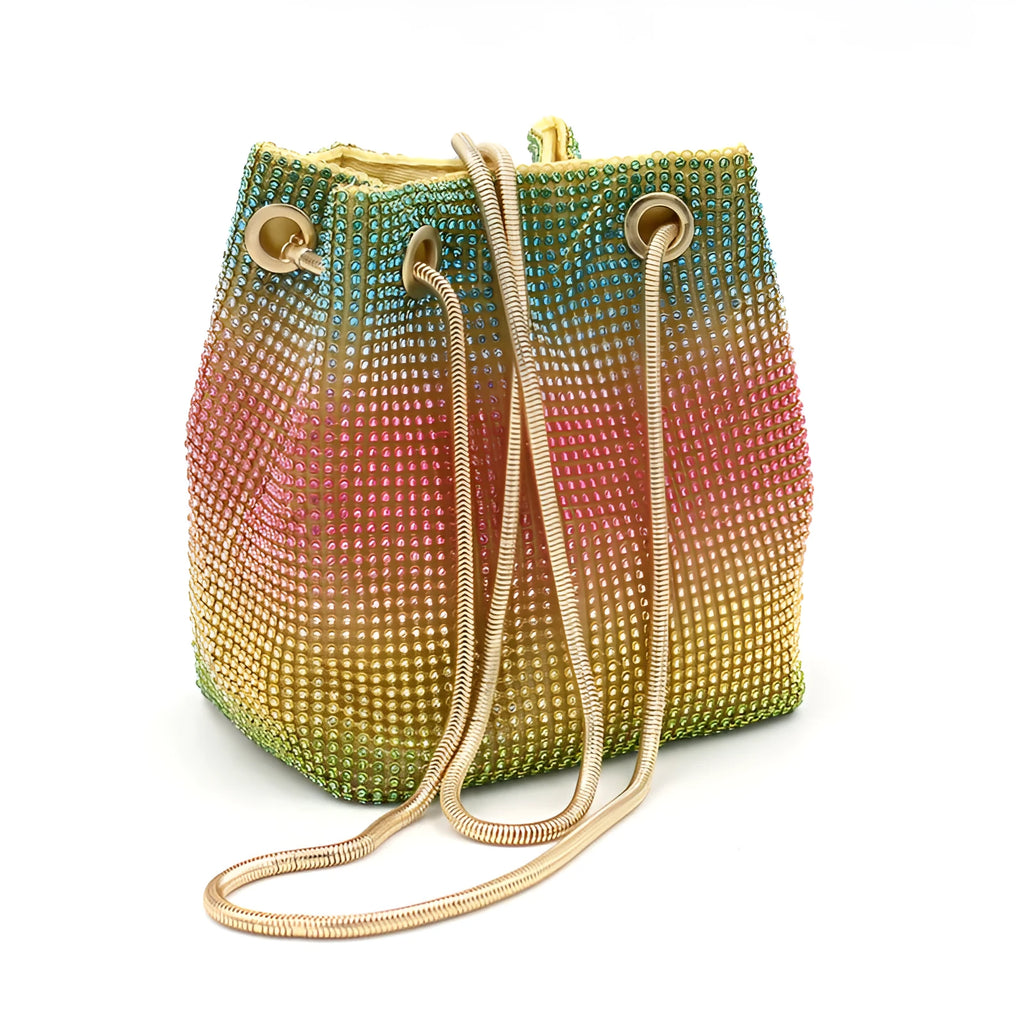 Rainbow iridescent rhinestone fabric bucket bag with soft texture