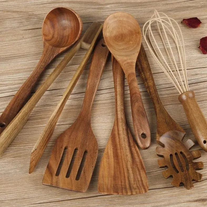 Seven wooden cooking utensils including spoons and shovels for non-stick pan protection