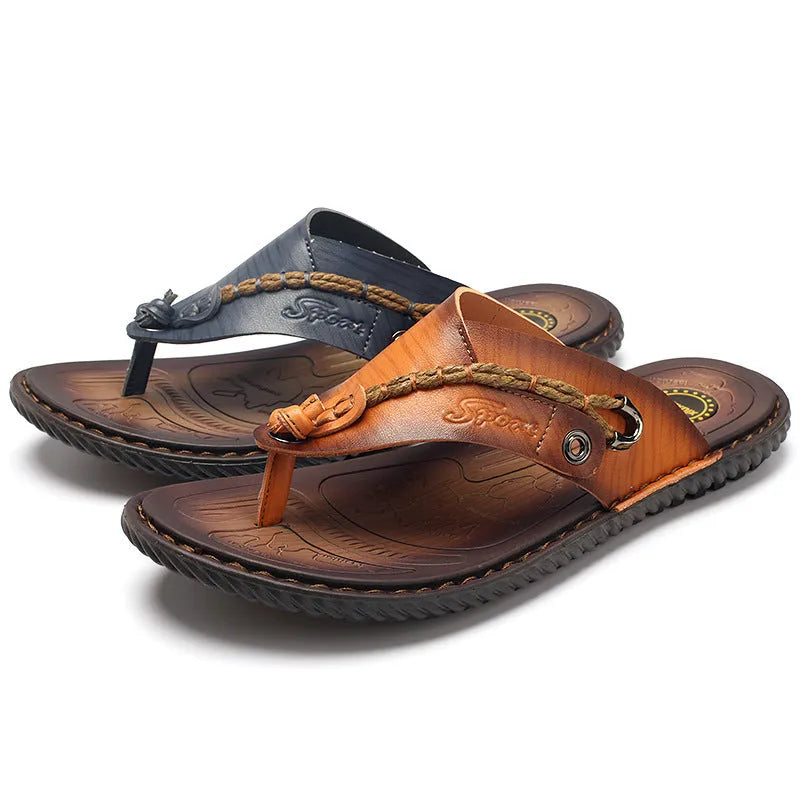Men's dark blue plus size outdoor slippers with herringbone pattern and rubber sole
