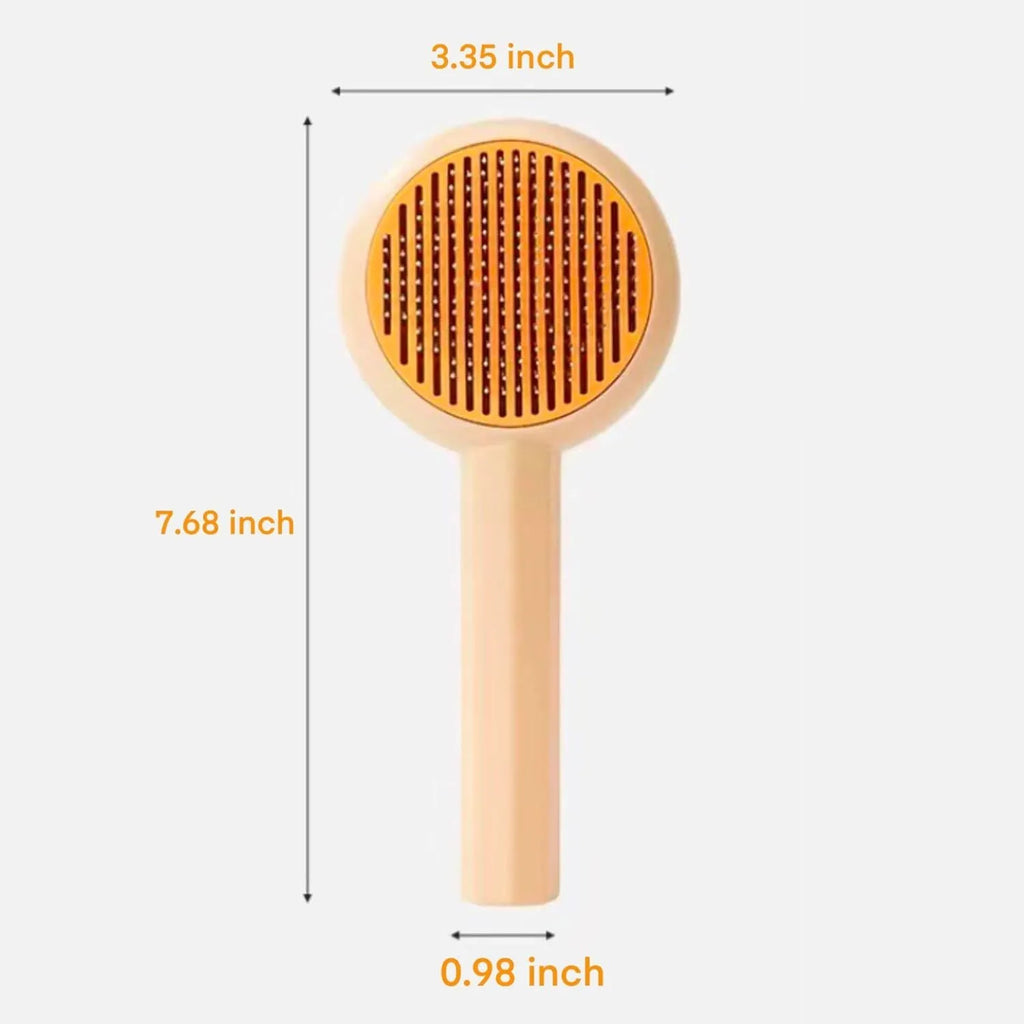 Blue pet grooming brush with angled metal pins and self-cleaning button for dogs and cats