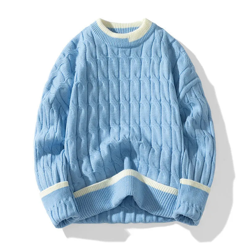 Men's loose fit two-piece modal acrylic sweater set in light blue for autumn and winter.