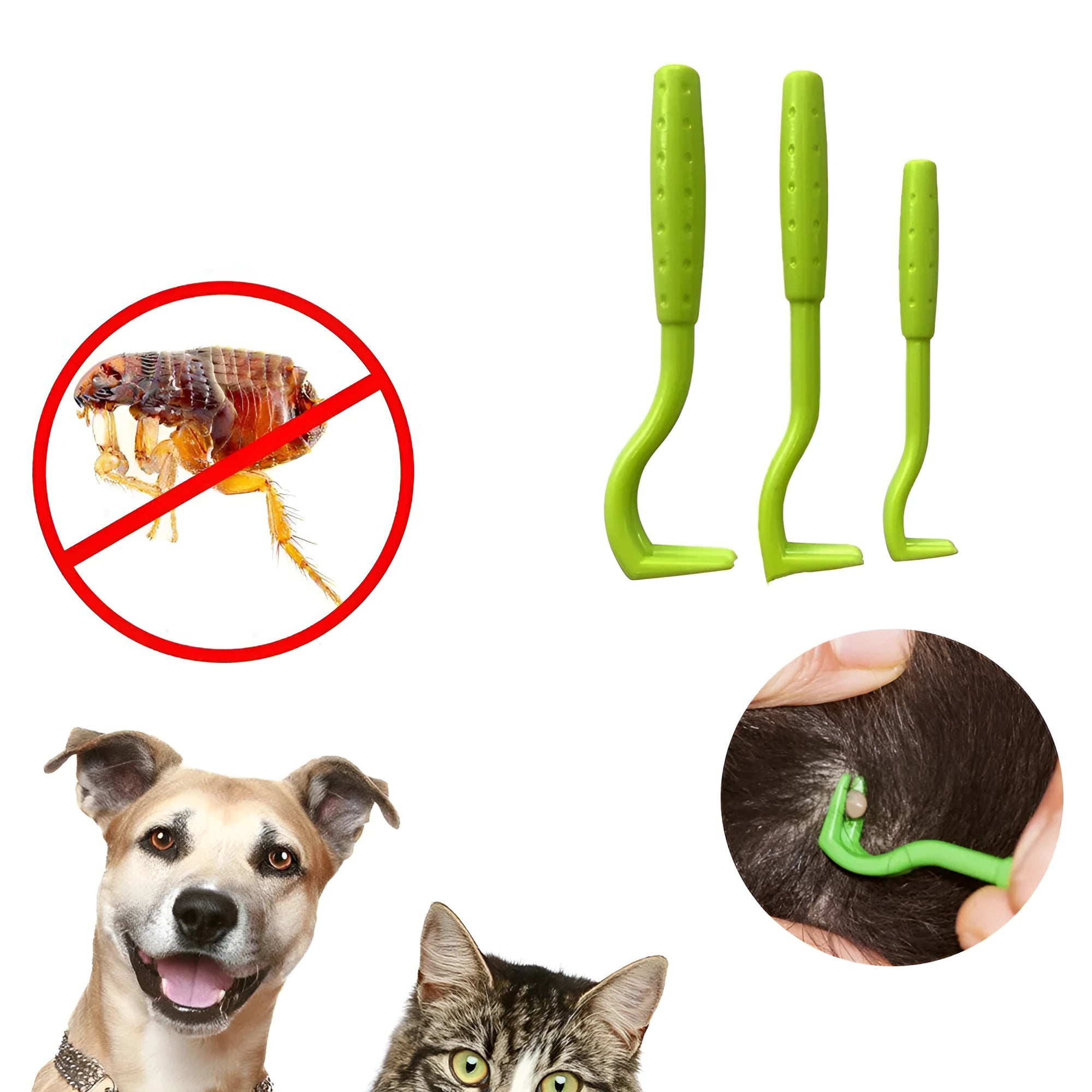 Set of three blue plastic pet tick removal hook tools on a white background.