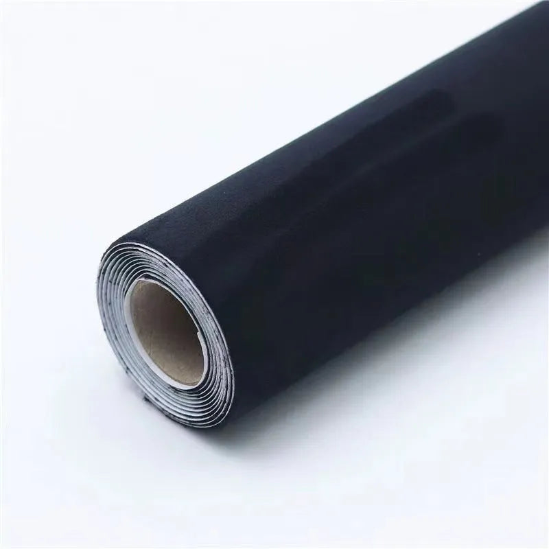 Self-adhesive leather suede sheet in multiple colour swatches showing Black, Brown, Blue, and Red options.