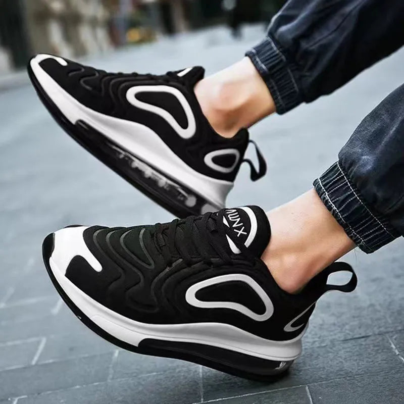 Men's black casual lace-up sneakers with artificial PU upper and thick sole