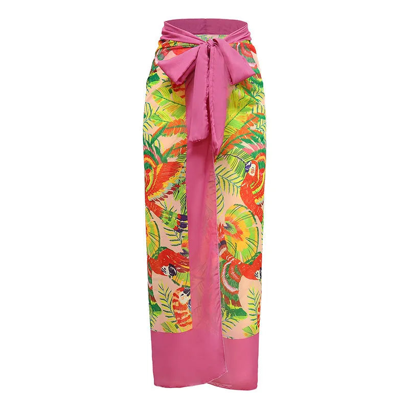 Retro floral print one-piece swimsuit with V-neck, covered belly design and thin skirt in pink colour