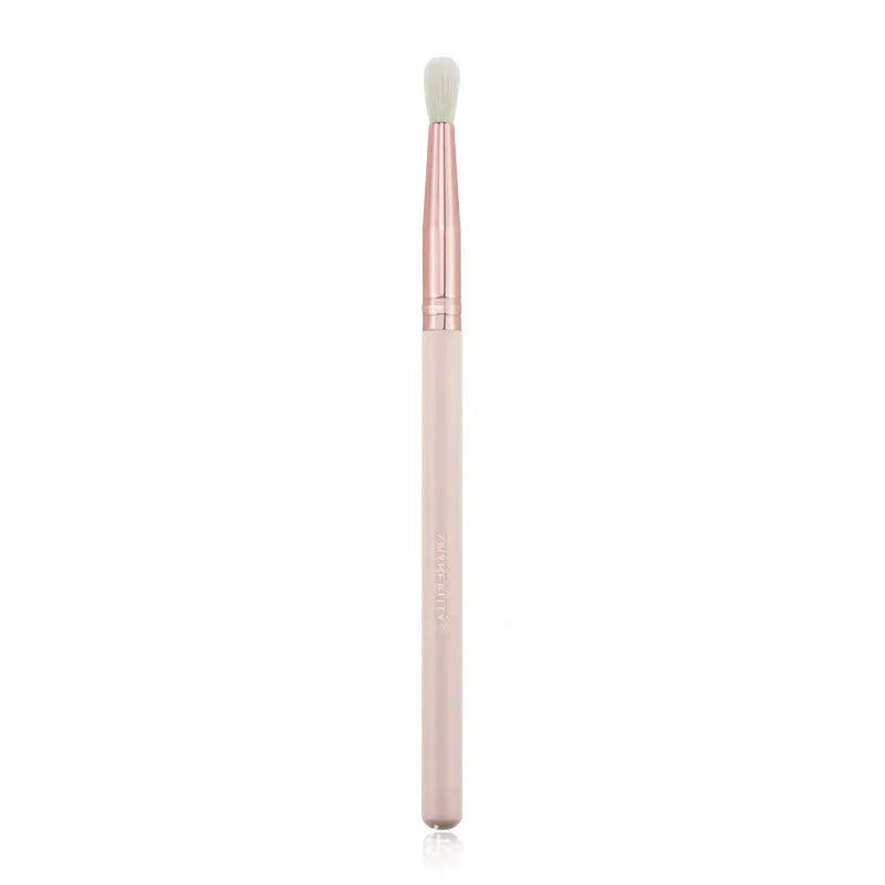 26 pink wooden-handle makeup brushes with natural wool bristles in a PU storage bag