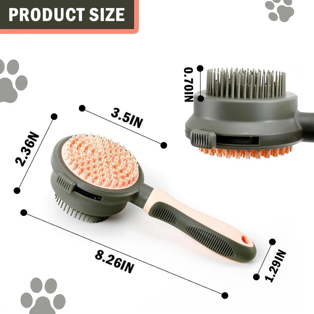 Double-sided cat brush with release button and flea comb for pet grooming