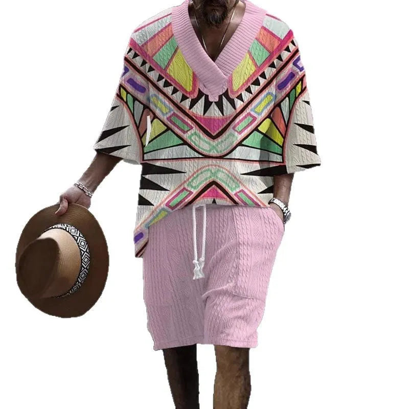 Man wearing a loose-fitting light blue short sleeve suit top and matching shorts on a casual summer day.