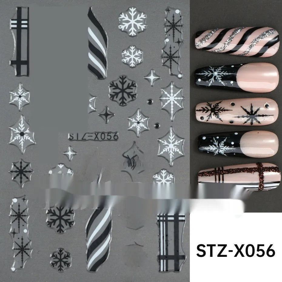 Set of 60 black and silver cartoon pattern nail strip stickers with plastic application patch.