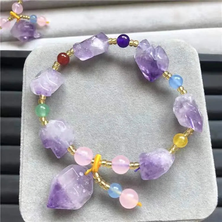 Natural shaped amethyst bead bracelet with fu character charm for women