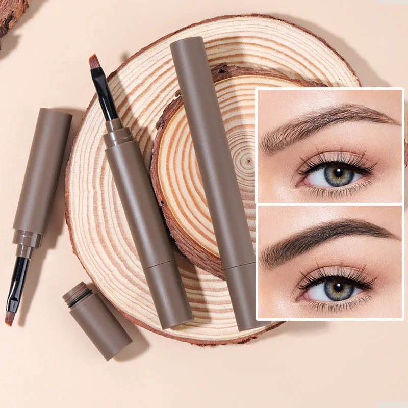 Double-headed eyebrow cream in five shades including reddish brown, brown, light brown, dark brown, and black