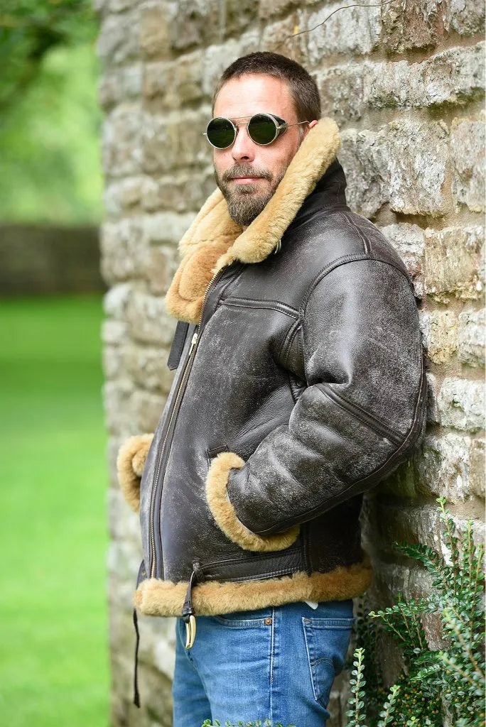 Men's brown synthetic fur coat with straight hem and side pockets for winter wear