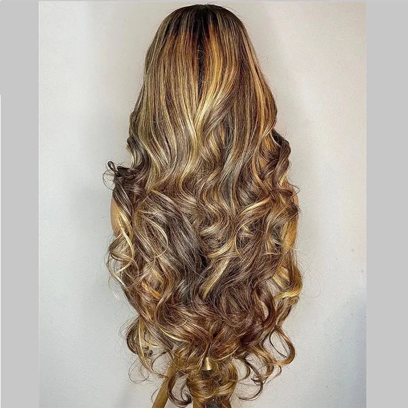 Front lace wig with 134 gradient colour showing long curly hair and side bangs