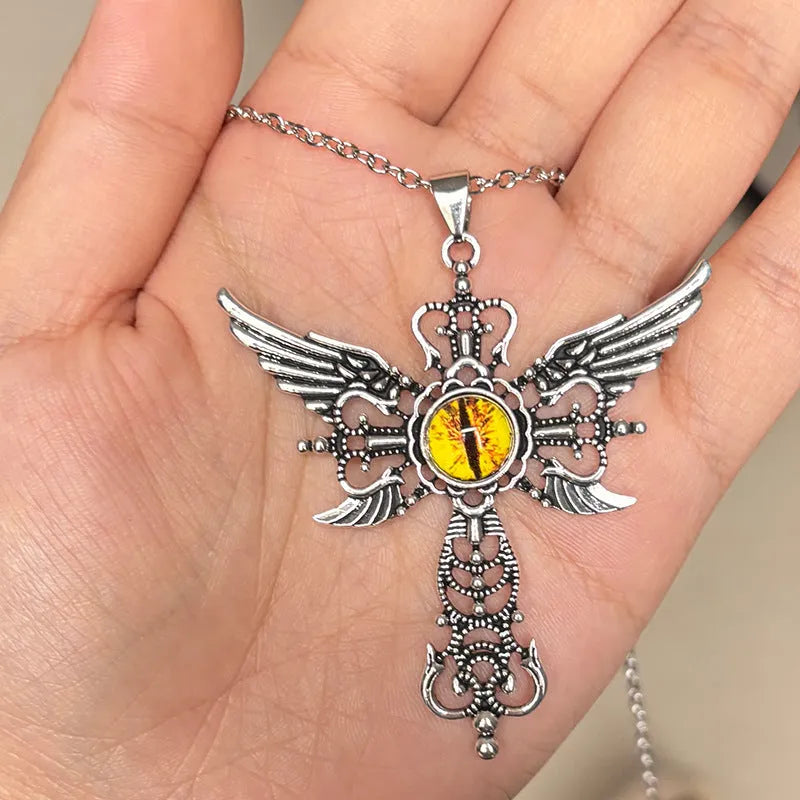 Alloy devil wings and cross geometric pendant necklace in five colour options.