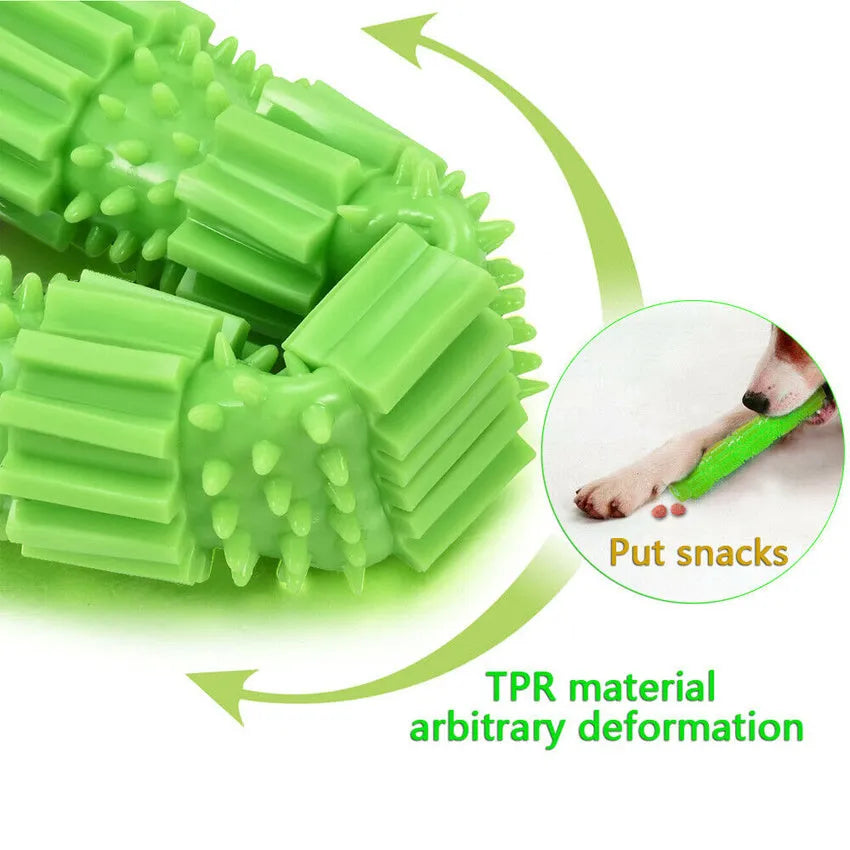 Green durable rubber dog chew toy with treat dispenser hole and textured surface.