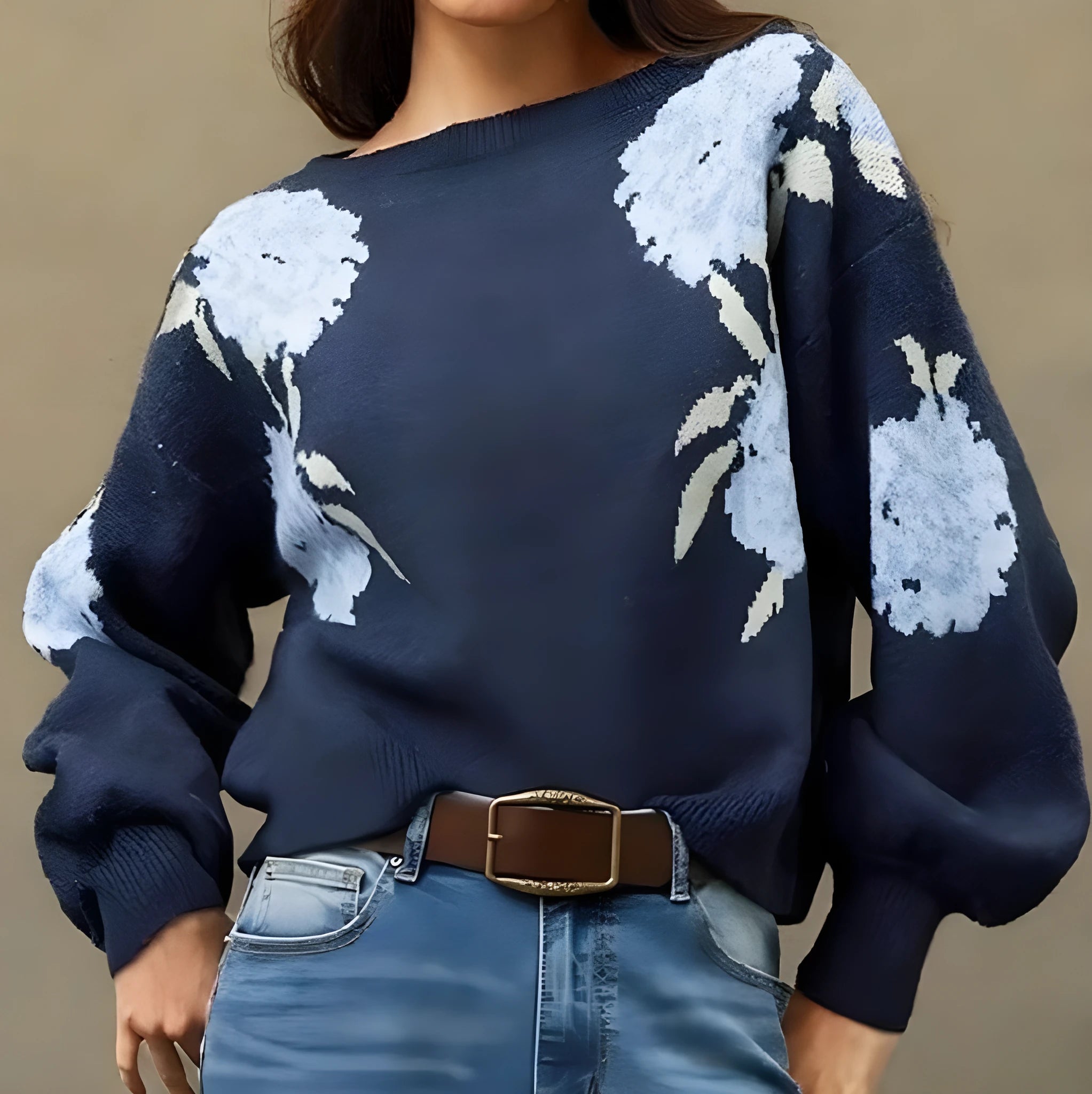 Sapphire blue women's pullover with floral jacquard pattern, off-neck collar, and loose fit