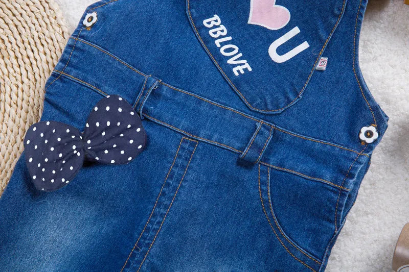 Blue dog print cotton blend kids strap jeans with suspender for boys and girls