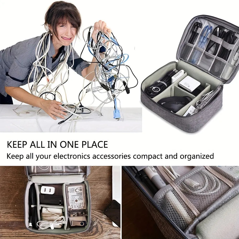 Black waterproof electronics organiser bag open to show mesh pockets, elastic loops and removable padded dividers inside.
