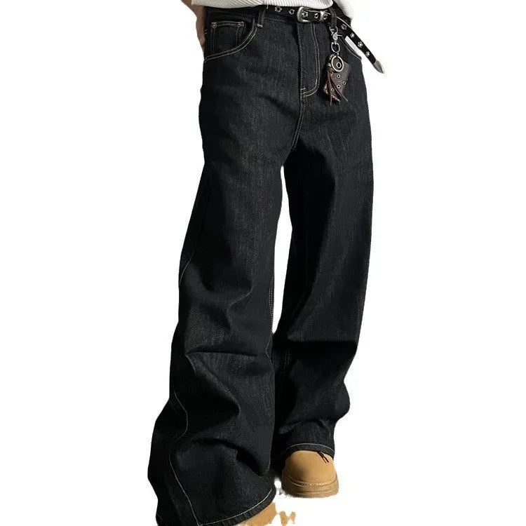 Black retro wide-leg jeans with straight-leg design and zip placket closure