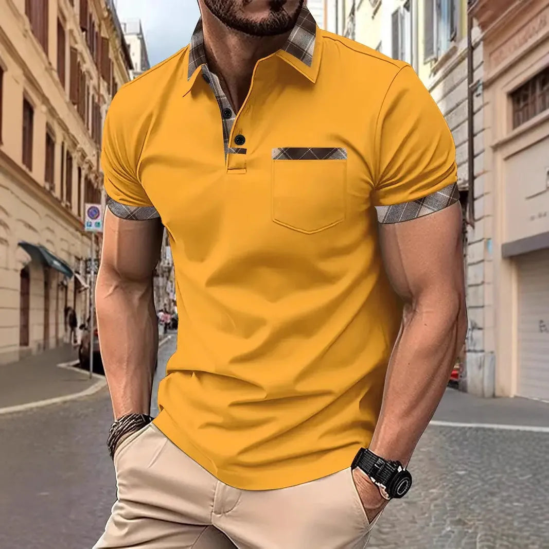 Men's loose fit short sleeve t-shirt with colourblock plaid pattern in polyester fabric