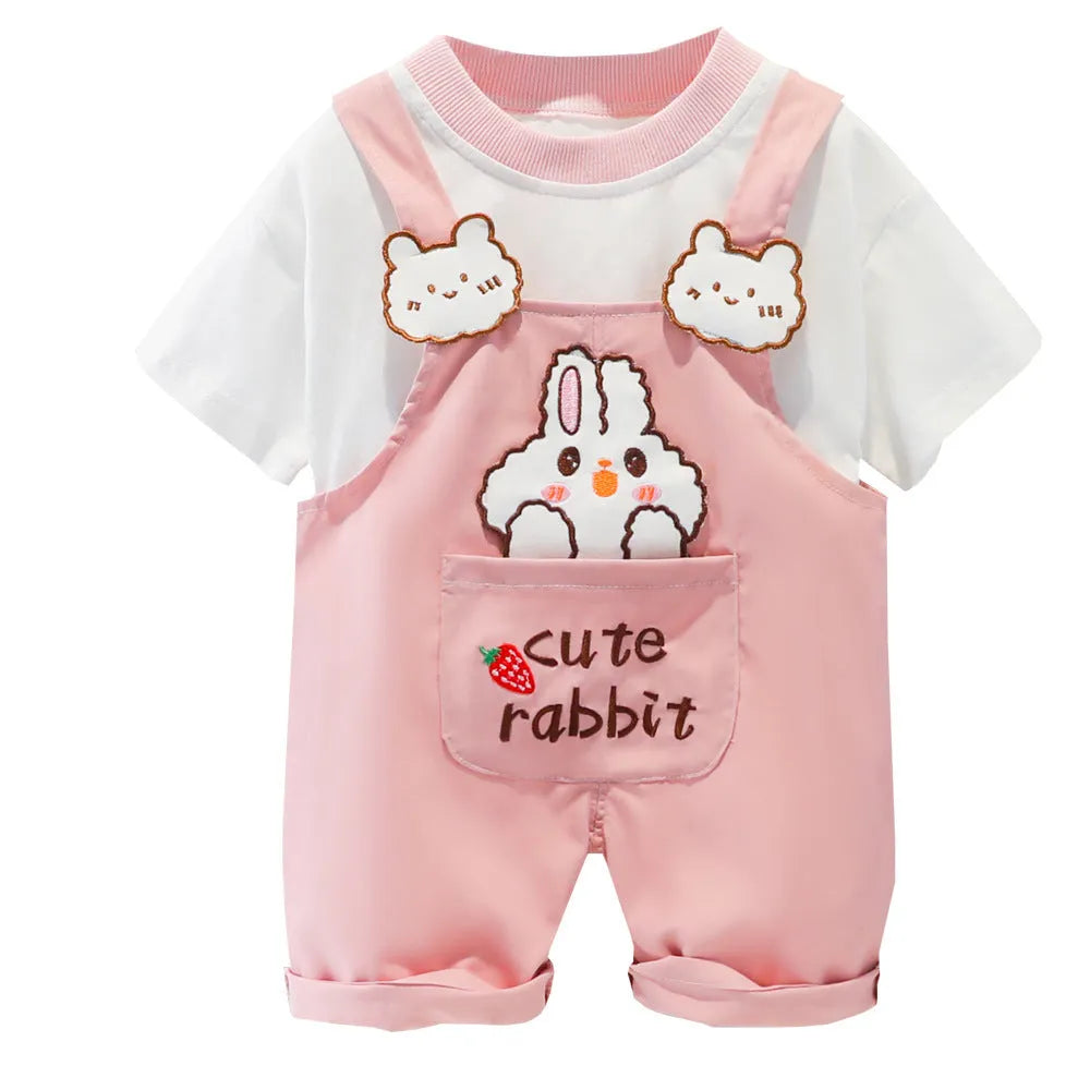Baby summer cotton short sleeve overalls with cartoon print in pink size 80 cm