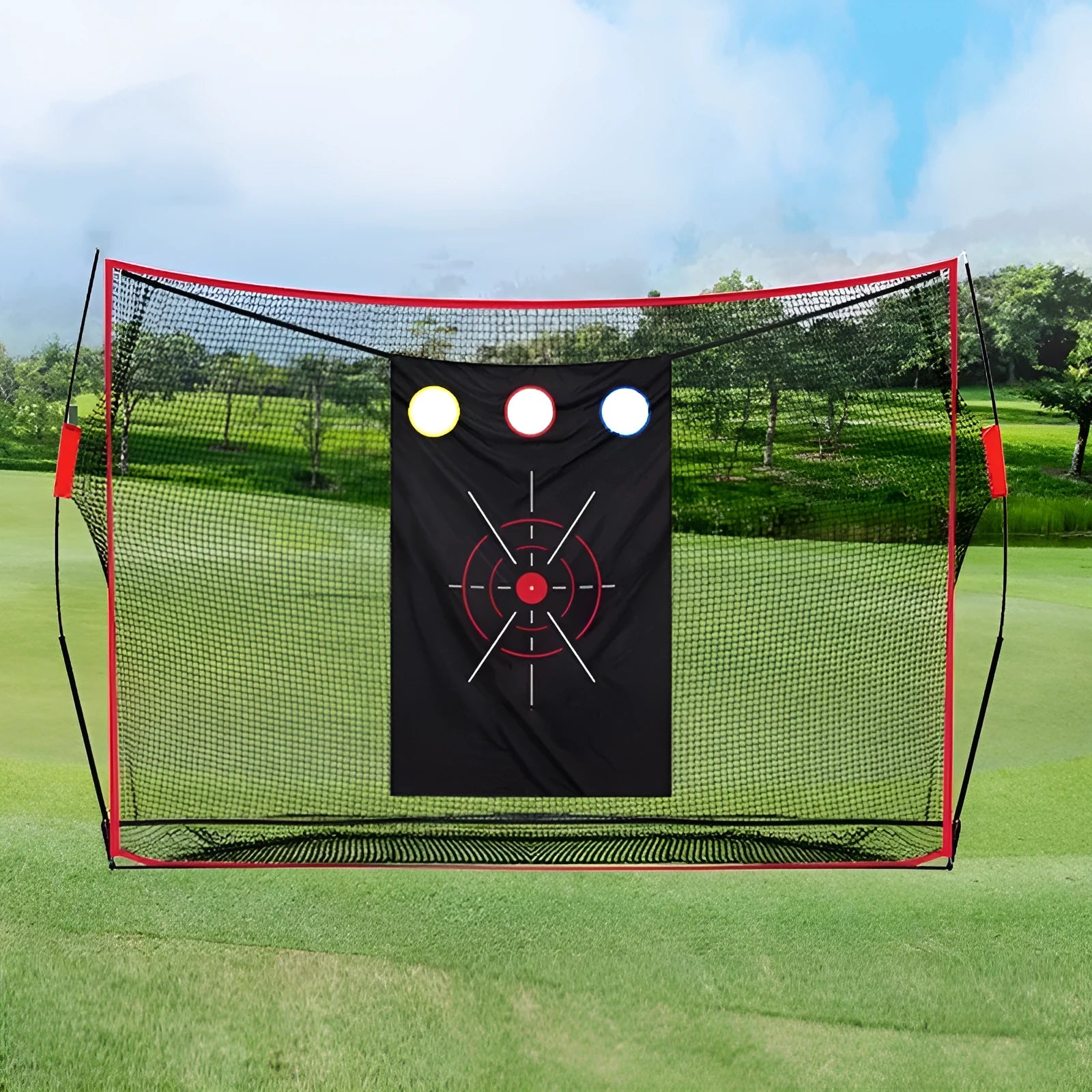 Golf swing wedge training net set with cross net, target mat, practice balls, tee, and accessories