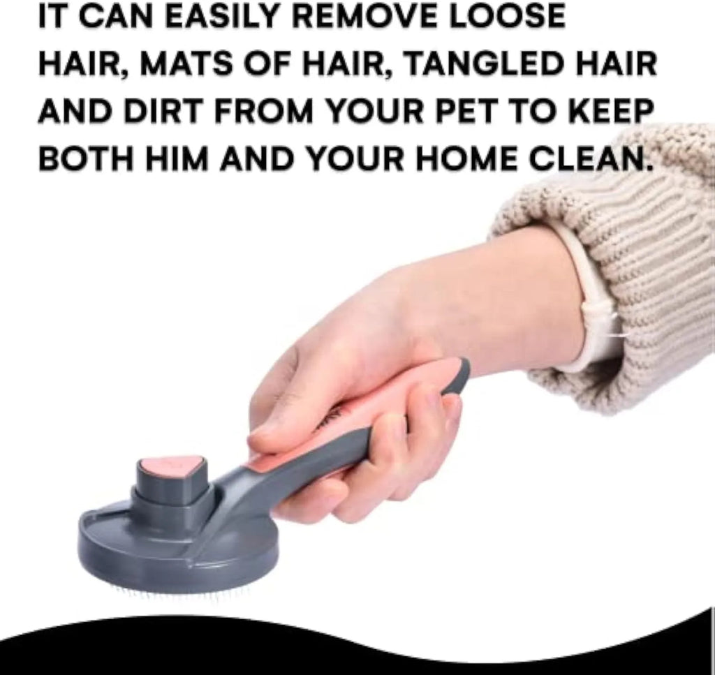 Self-cleaning pet slicker brush with one-click button and massage-tip bristles in grey, green or pink colour options