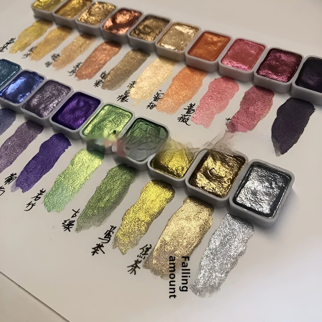 Traditional Chinese painting mineral pearlescent watercolour set showing 20 colours in tubes and pots