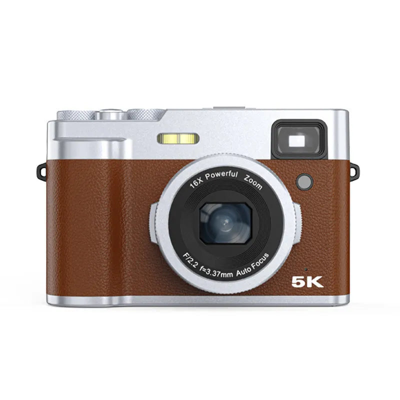 Black and brown 5K digital camera with dual lenses, optical viewfinder, and 2.88-inch LCD display