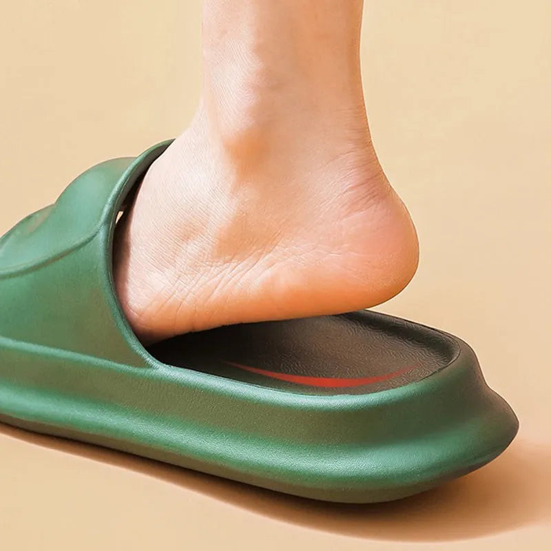 Thick-soled EVA flip-flop slippers in multiple colours on a white background.