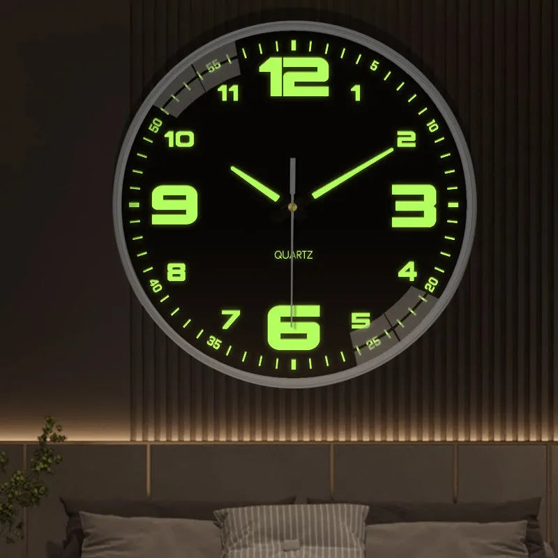 8 inch diameter modern wall clock with luminous hands on a wall.
