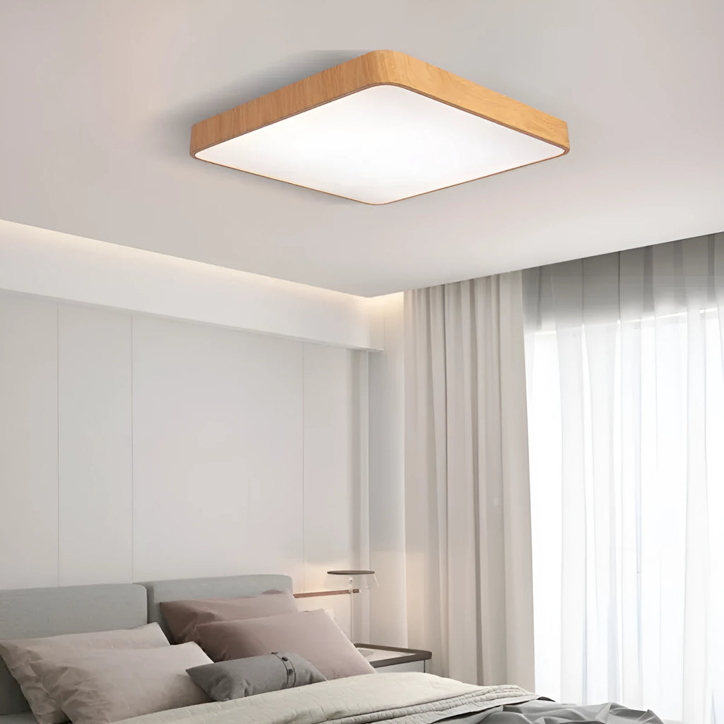 Nordic style square LED ceiling light with wood grain finish and iron frame in three size options