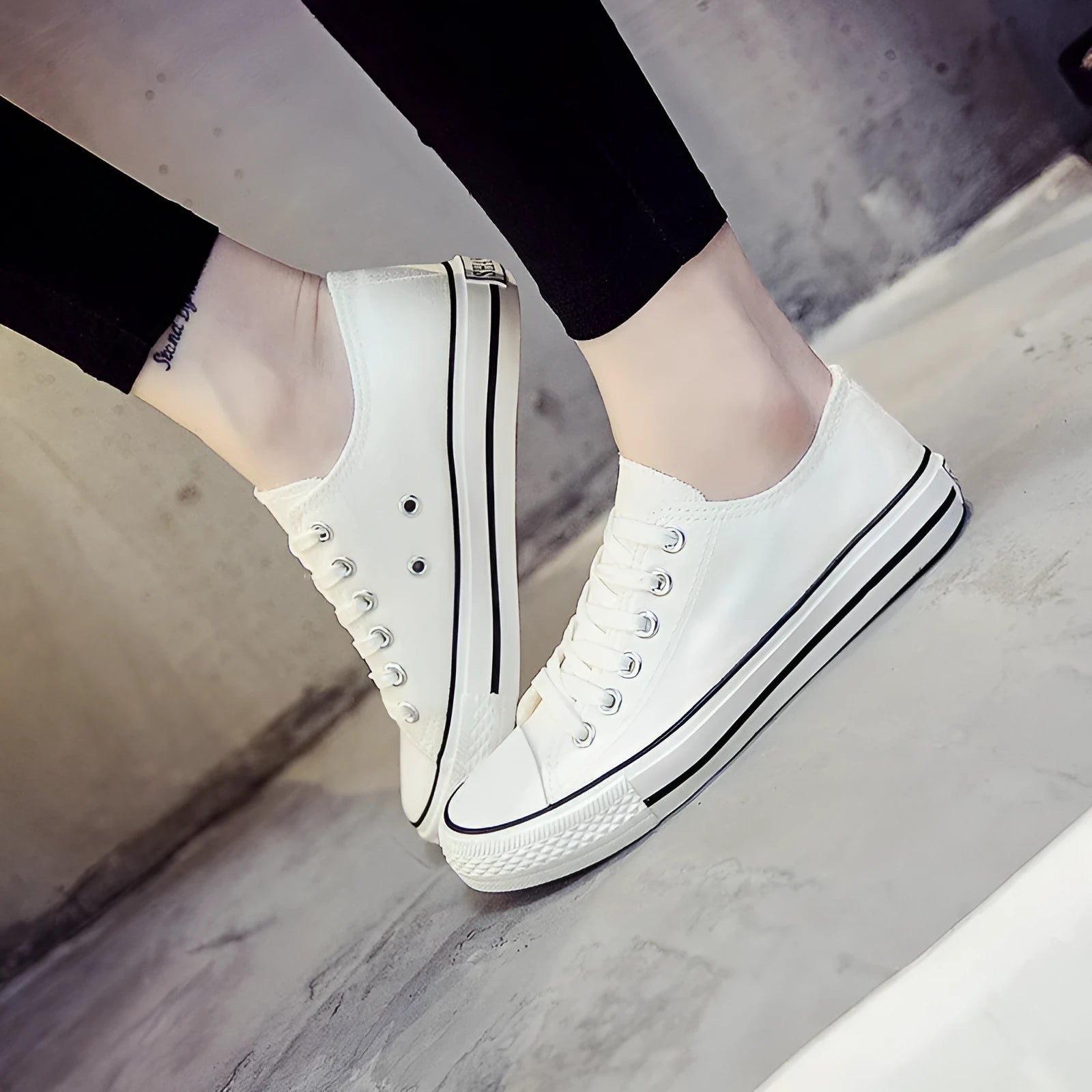 Women's solid colour canvas casual flat shoes showing available colour options and size range